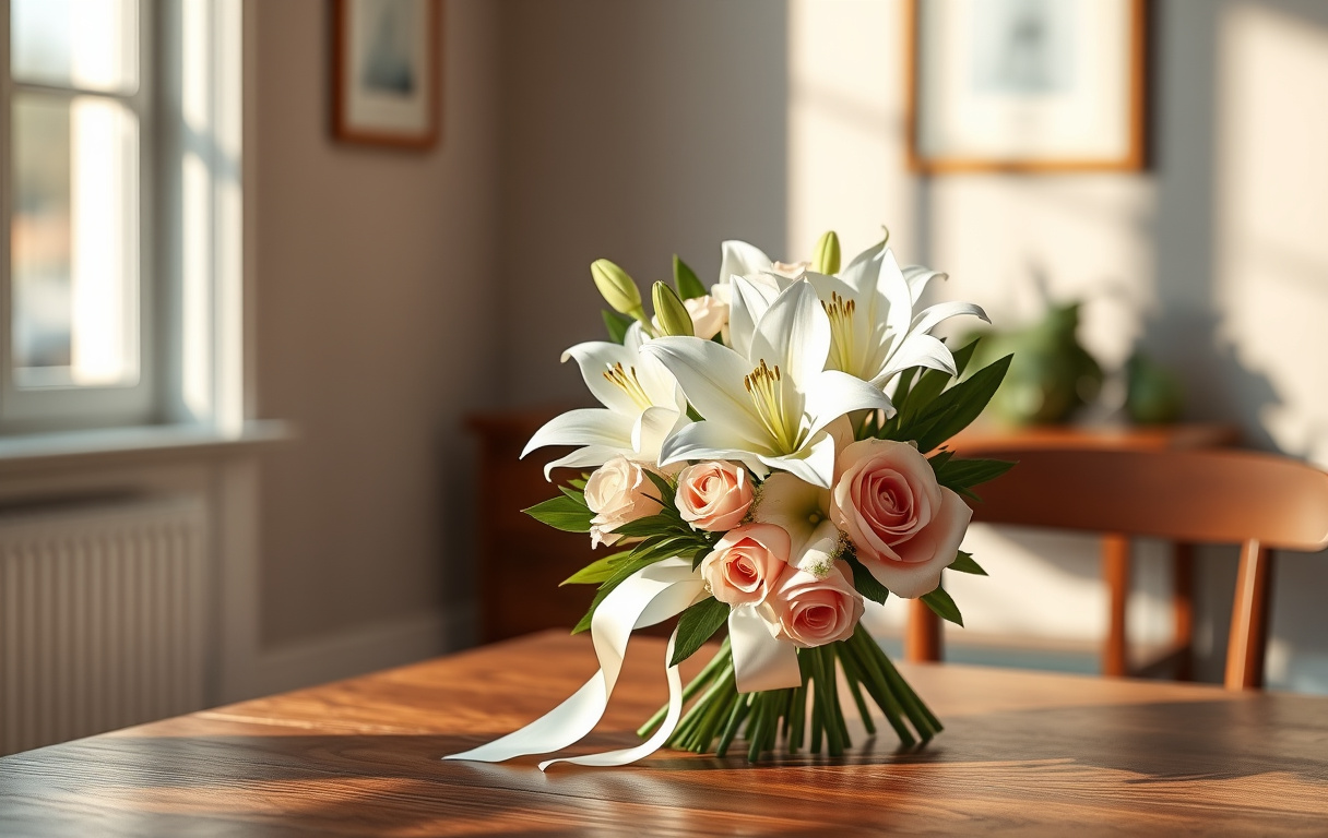 En ljus kondoleansbukett med vita och ljusrosa liljor och rosor, bunden med ett enkelt band, placerad på ett träbord i ett lugnt rum.