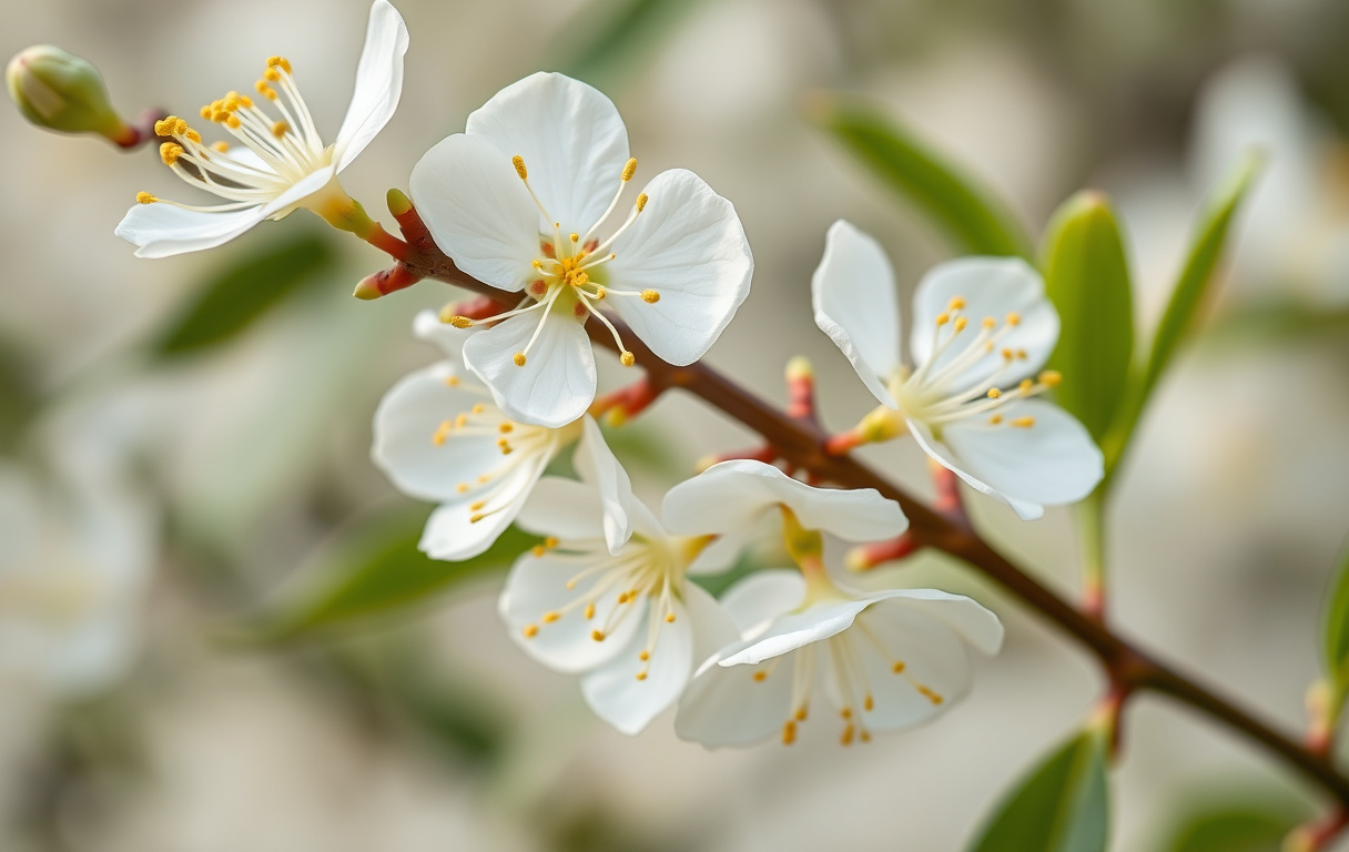 Närbild av en vit acacia-blomma med gula ståndare, i naturligt ljus med gröna blad i bakgrunden.