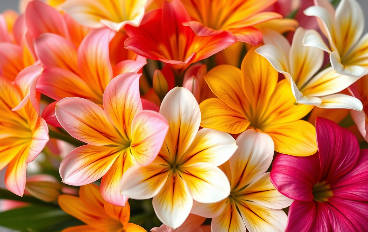 Färgglad bukett med alstroemeria i rosa, gult, orange och vitt i mjukt dagsljus