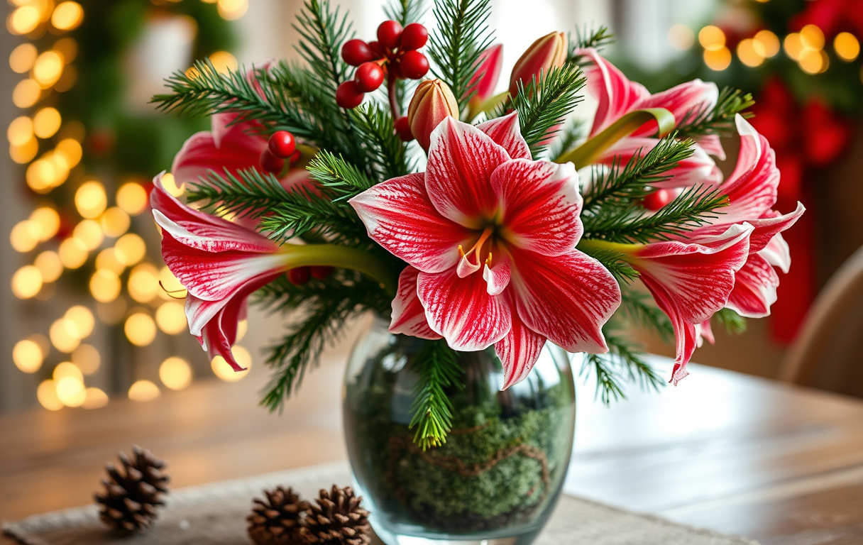 Elegant amaryllis arrangemang i glasvas med grönska, bär och tallkottar, julbelysning i bakgrunden