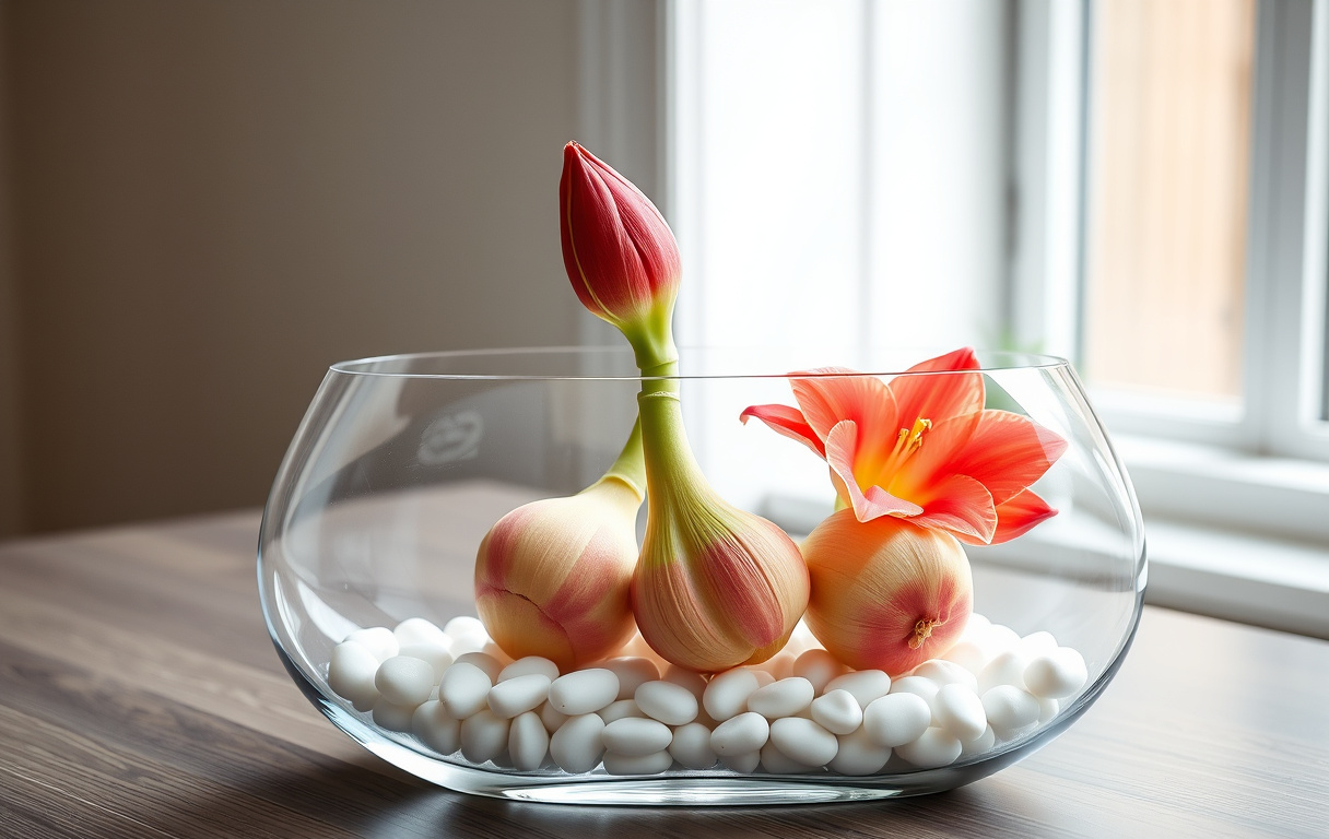 Glasvas med tre amaryllisbulb på vita stenar, en stjälk med röd knopp växer upp, naturligt ljus
