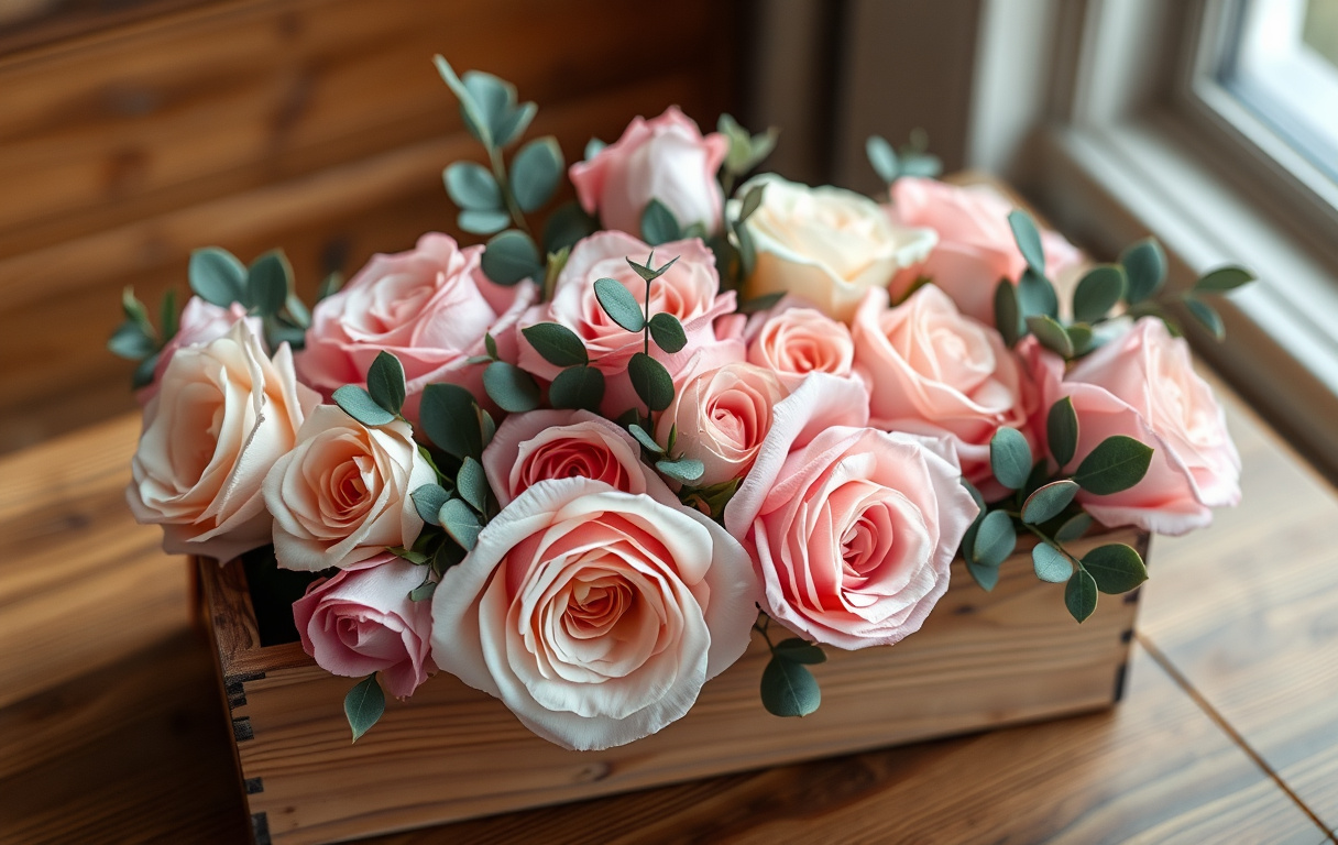 En vacker träblombox med evighetsrosor i rosa och vitt, omgiven av eukalyptus, på ett träbord i dagsljus.