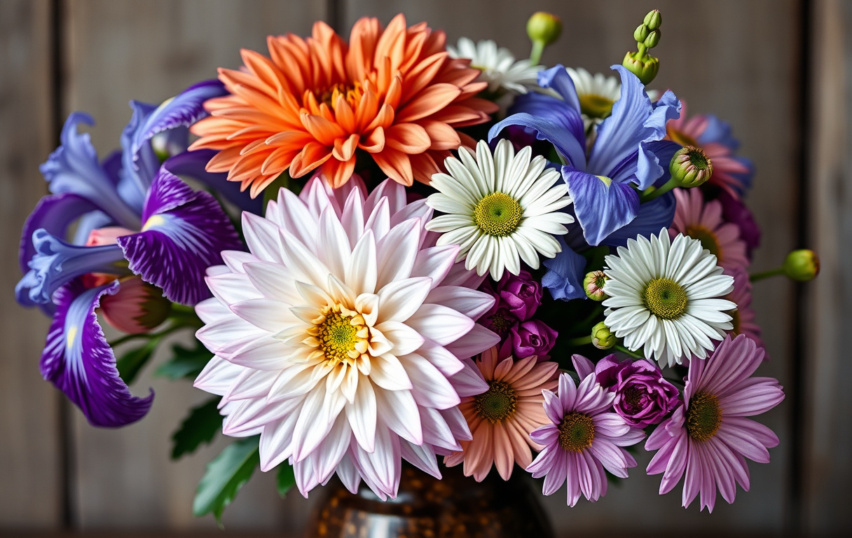 Bouquet av blommor på D i rustik vas – dahlia, Dutch iris, delphinium, daisy och daphne