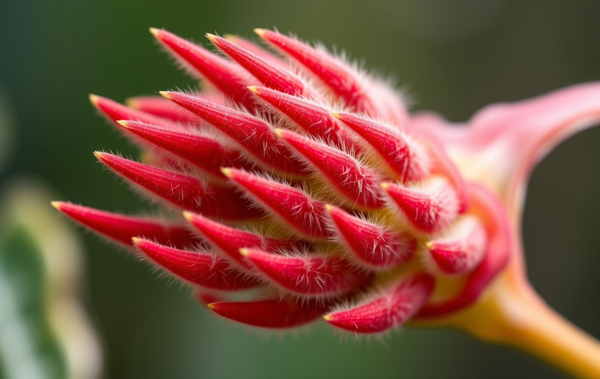 Närbild på en Kangaroo Paw-blomma med röda och gröna ludna kronblad i naturligt ljus.
