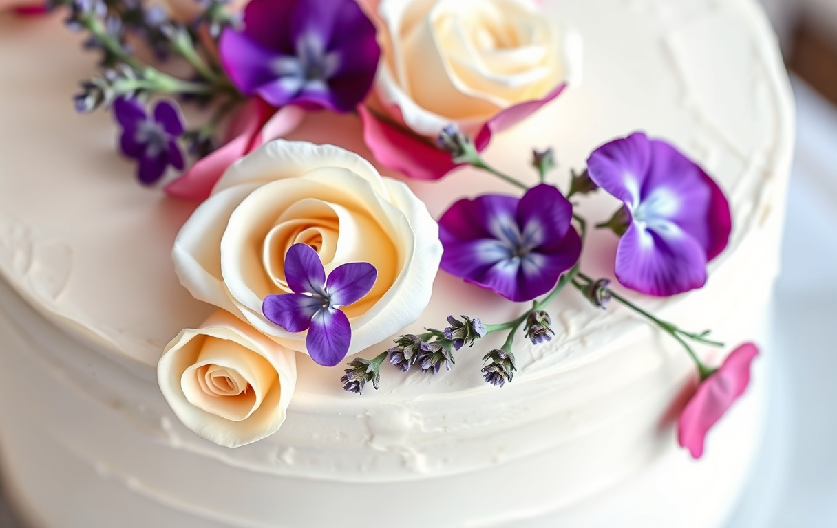 närbild på en vit tårta dekorerad med ätbara rosblad, lavendel och violer, mjukt dagsljus