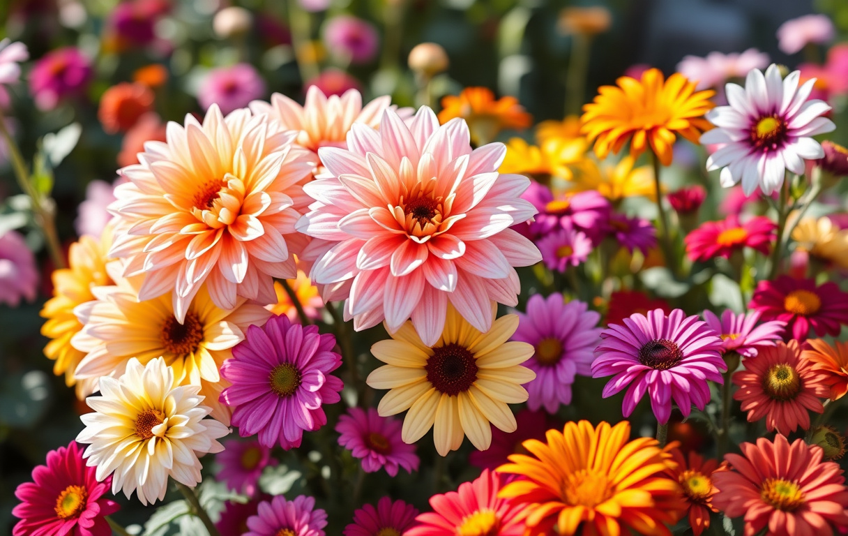 En färgglad blandning av sommarblommor i trädgård – dahlia, petunia och zinnia i solljus.
