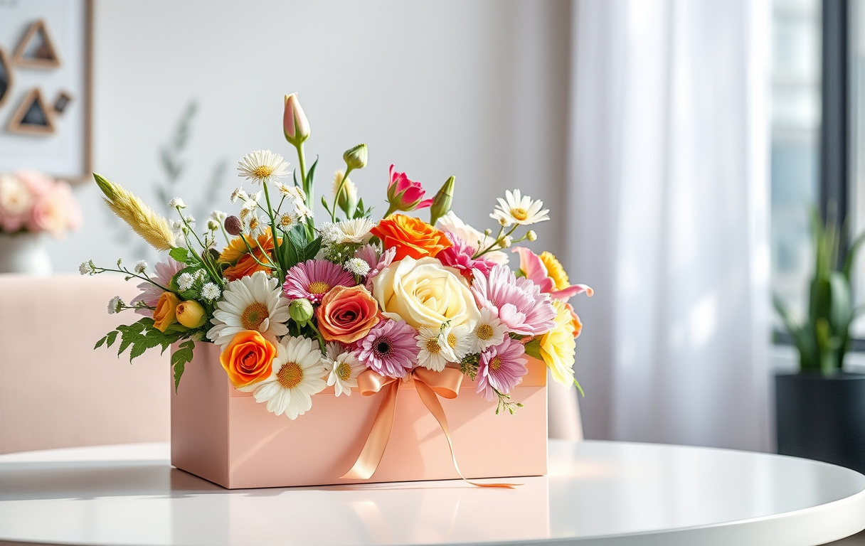 Elegant blomsterbox med blandade snittblommor i ett ljust rum