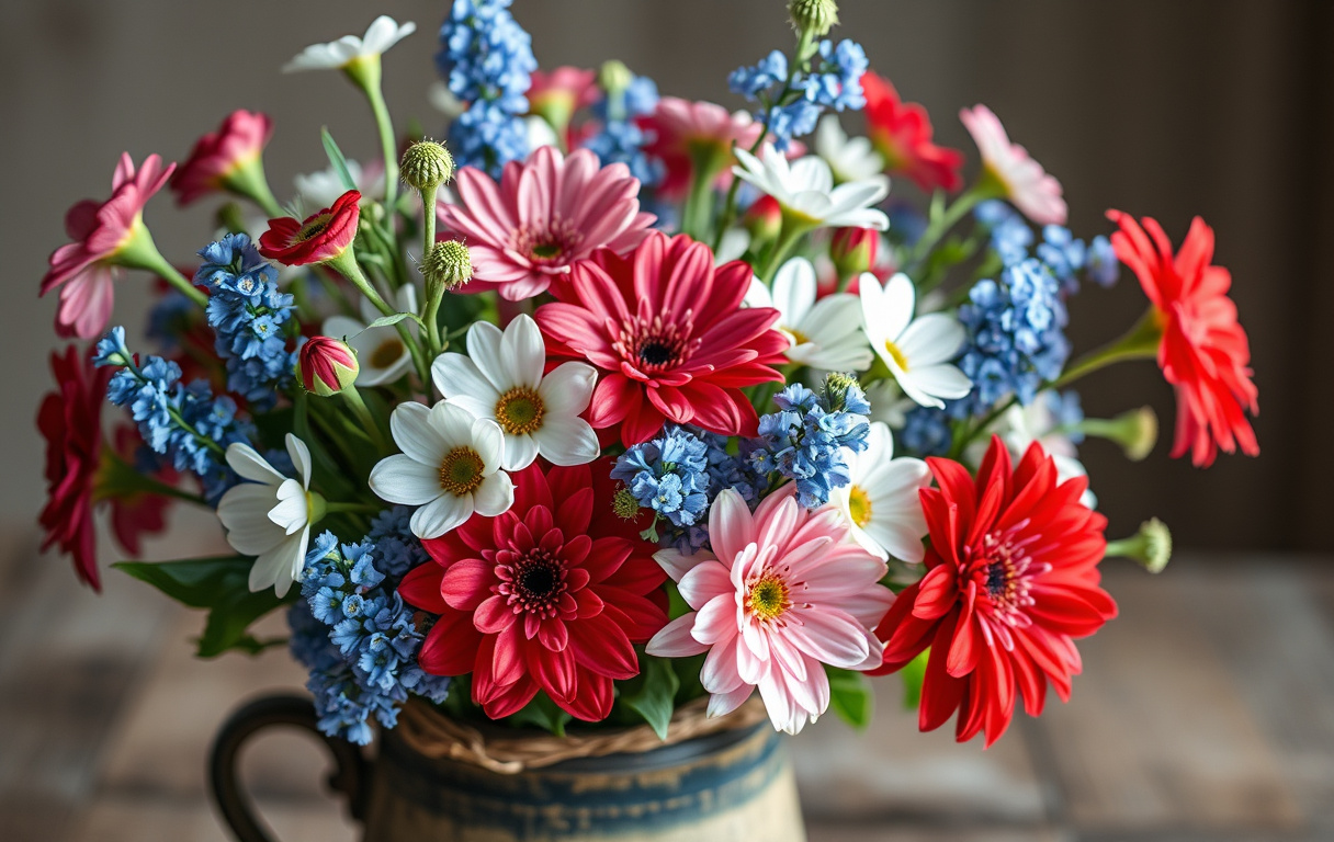 En vacker bukett med röda, vita och blå blommor i en rustik vas, fotorealistisk närbild