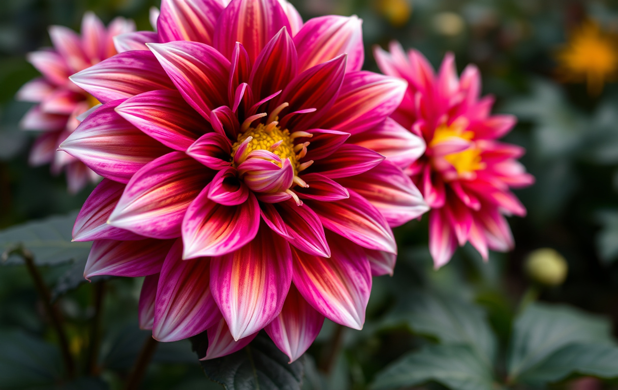 Närbild på en dahlia i starka färger med mörka blad i en trädgård