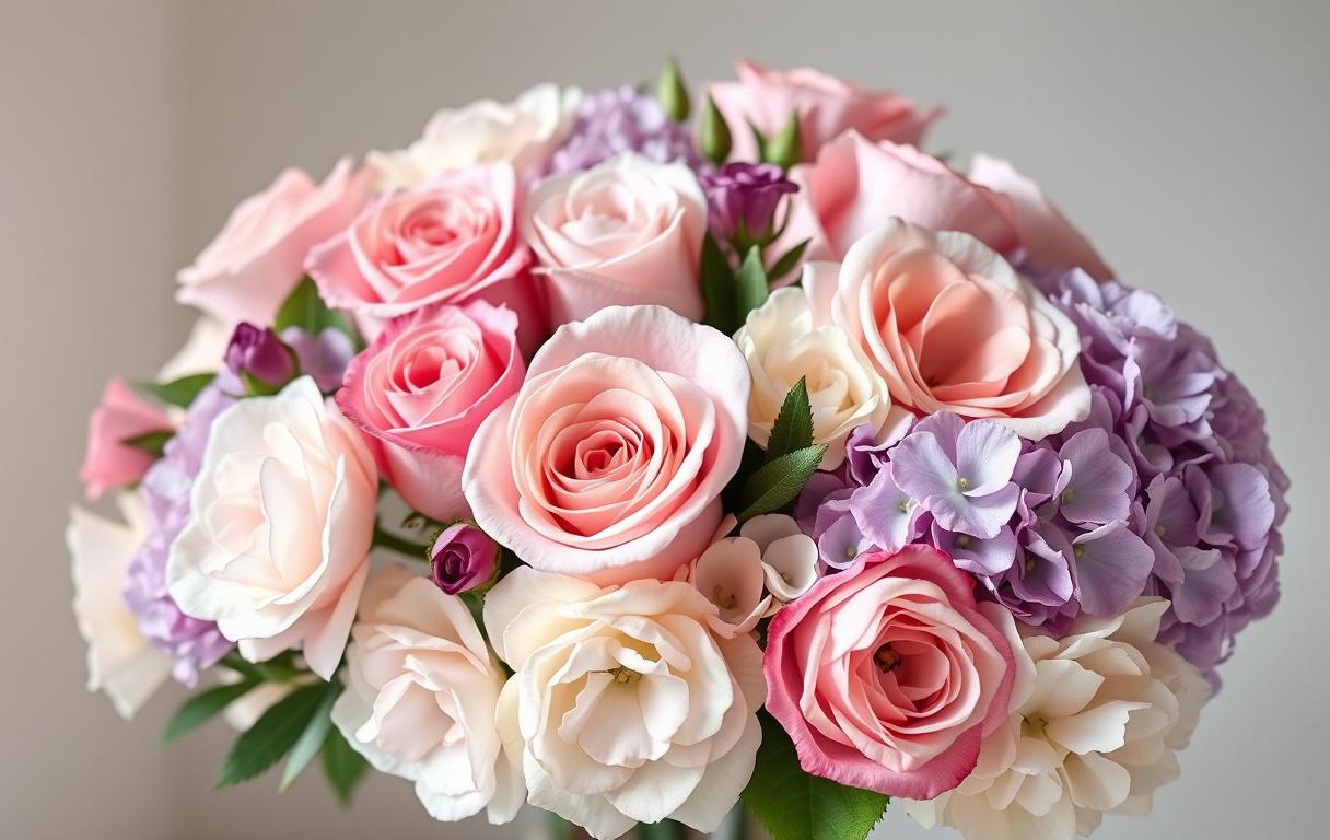 Bukett med rosa, lila och vita rosor och hortensia i varmt ljus