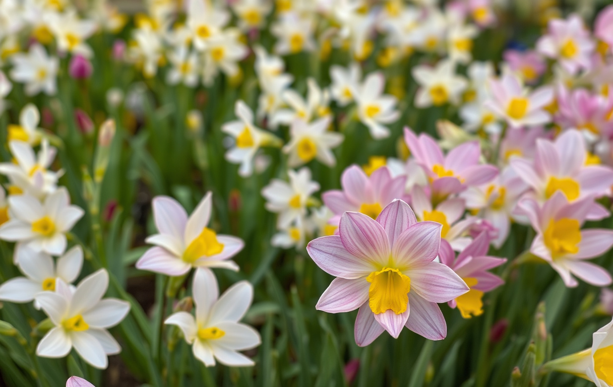 Fresior i vitt, gult och rosa som blommar i en solbelyst rabatt