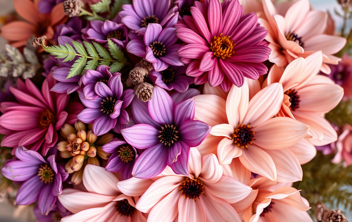 Närbild på en färgrik höstbukett med lila, rosa och beige blommor, eklöv och ormbunkar i mjukt dagsljus