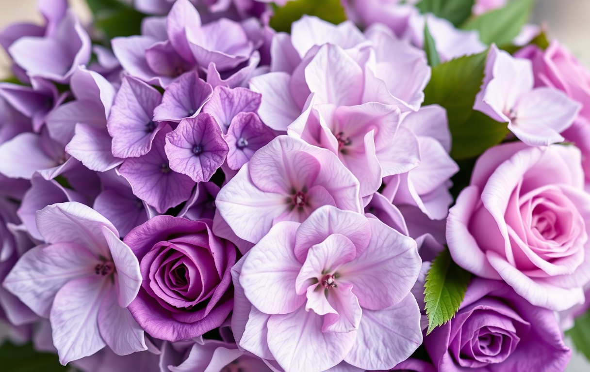 En vacker lila blombukett med hortensia, clematis och rosor i olika lila nyanser, fotorealistisk bild.