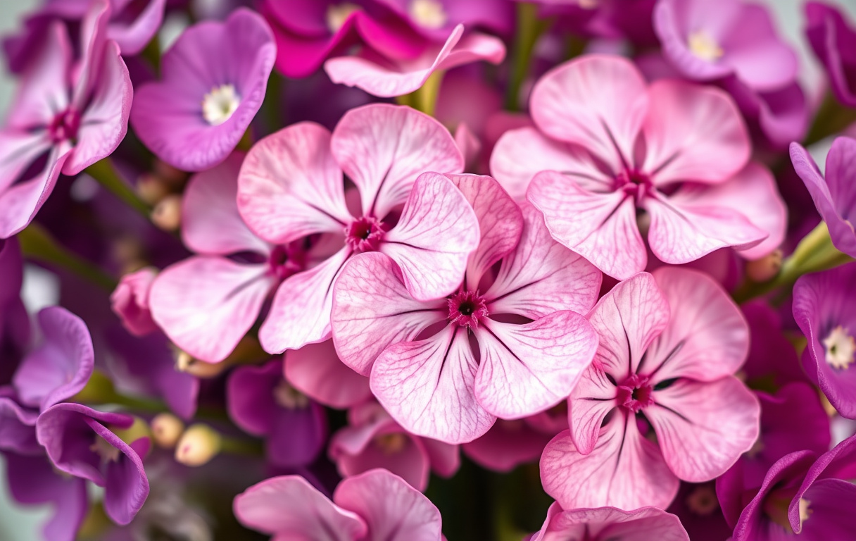 Närbild på en bukett limonium i lila, rosa och vitt