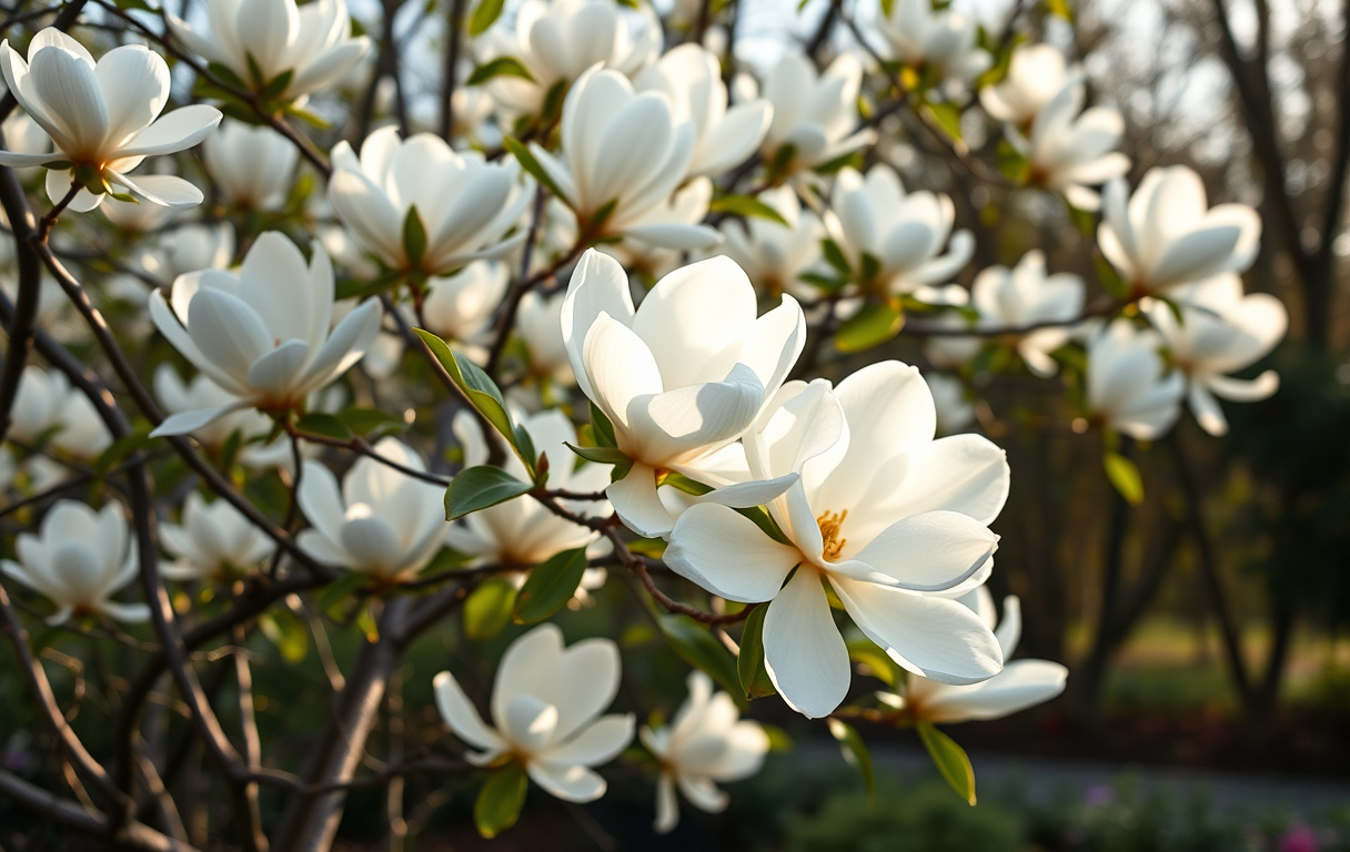 Blommande magnoliaträd med stora vita blommor i en trädgård