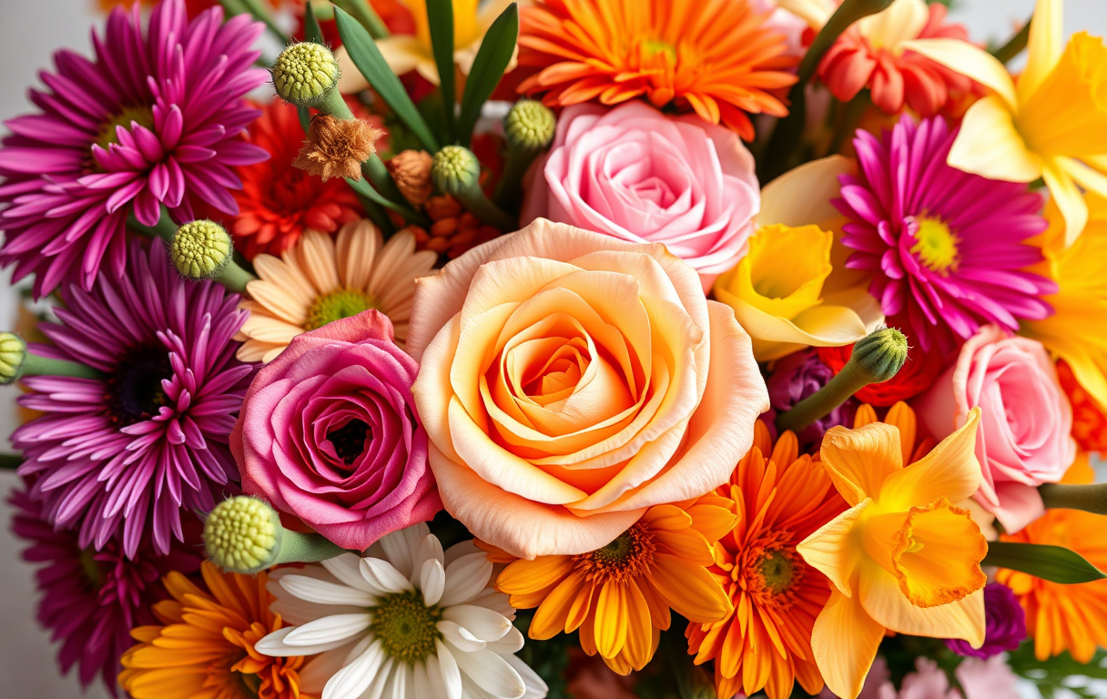 En vacker bukett med månadsblommor från olika månader, inklusive aster, ros, gladiolus, ringblomma, krysantemum och påsklilja