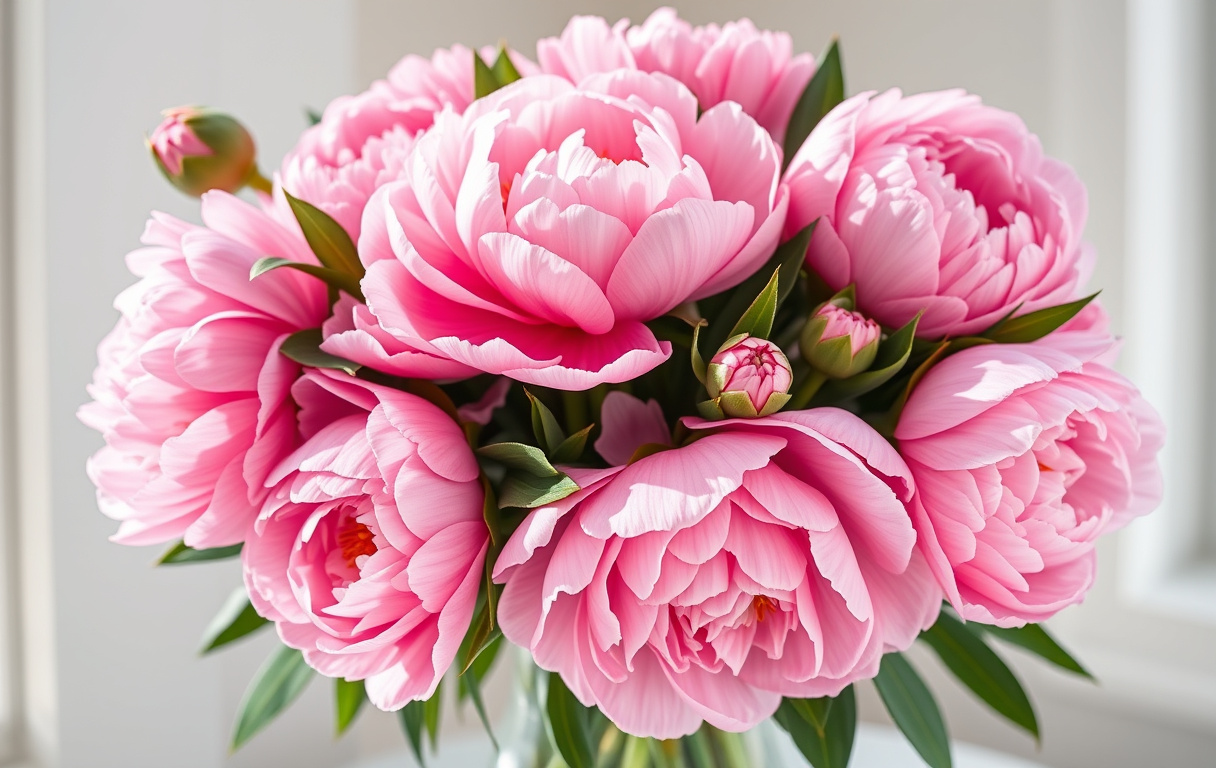 Bukett med rosa pioner i en glasvas