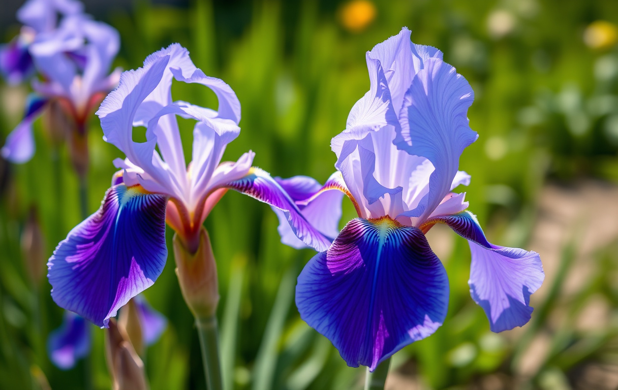 Strandiris med blåvioletta blommor i en solig trädgård