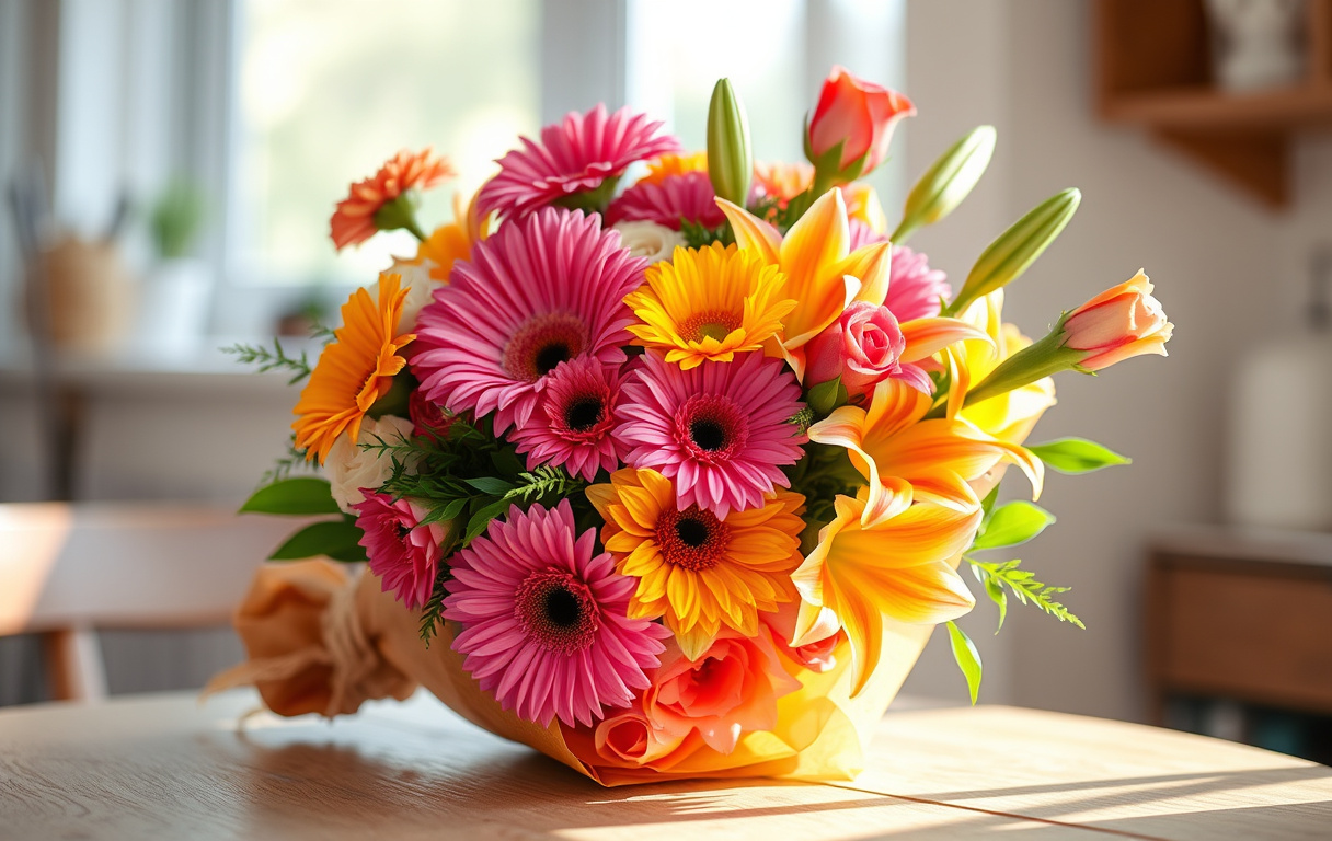 Färgstark festbukett med gerbera, rosor och liljor i glada nyanser på ett träbord med naturligt ljus