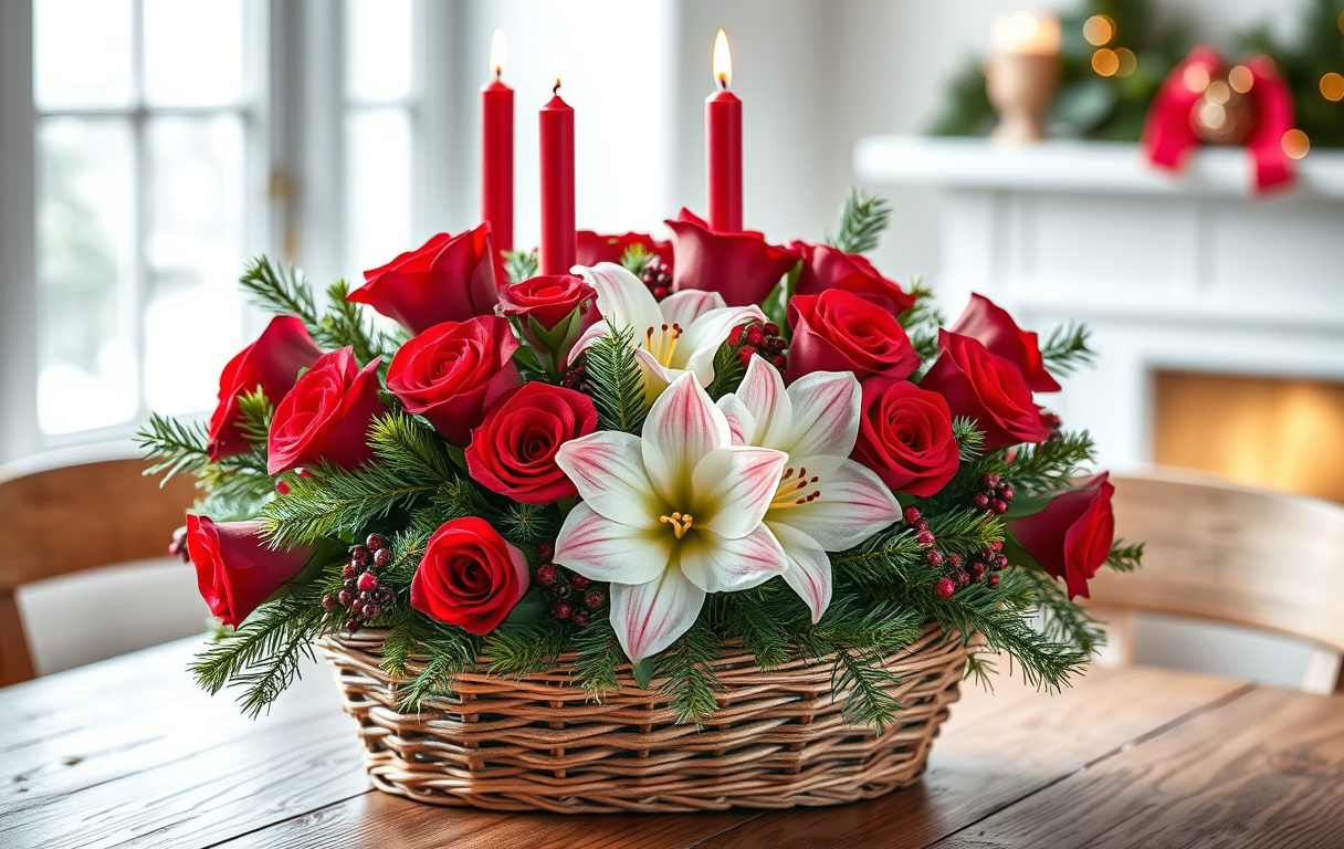 Jularrangemang i flätad korg med röda rosor, vita amaryllis, granris och röda ljus på ett träbord.