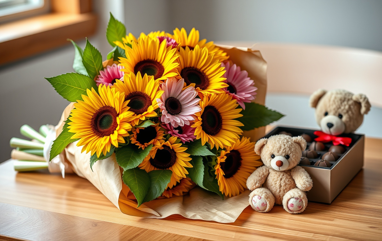 Bukett med solrosor och gerbera tillsammans med choklad och nallebjörn som present.