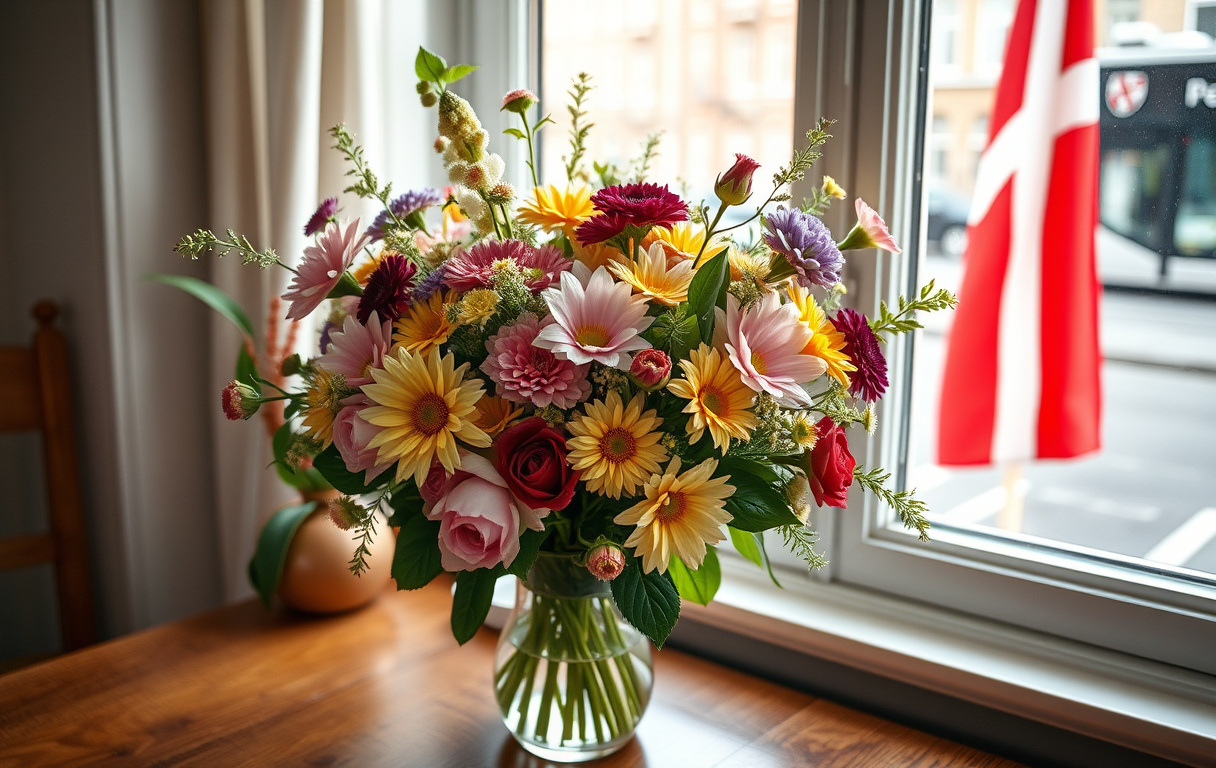 Bukett med blandade blommor i vas bredvid ett fönster, med en dansk flagga i bakgrunden.