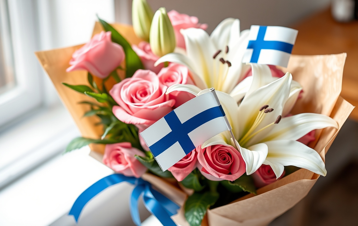 En vacker bukett vita liljor och rosa rosor inslagen i kraftpapper med en liten finsk flagga, redo för leverans