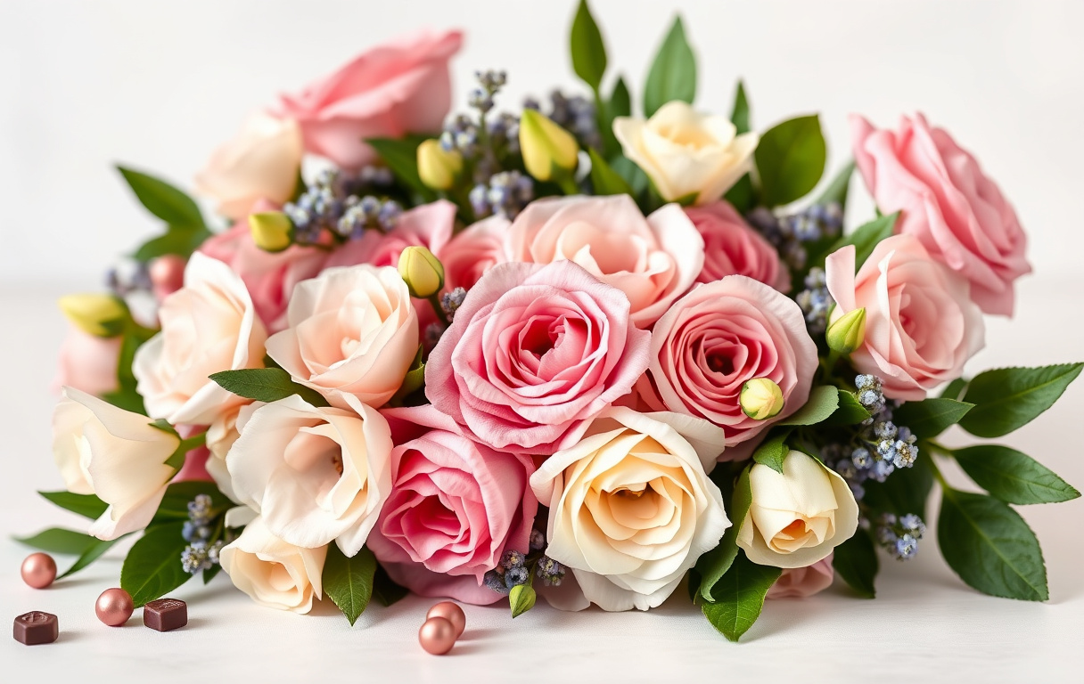 Presentask med belgiska praliner och en bukett blommor, fotorealistisk bild.
